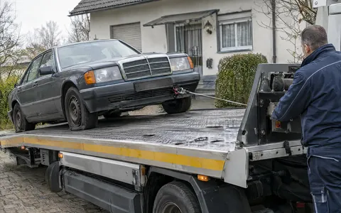 Nicht fahrbereites Auto wird mit der Seilwinde auf den Transporter gezogen