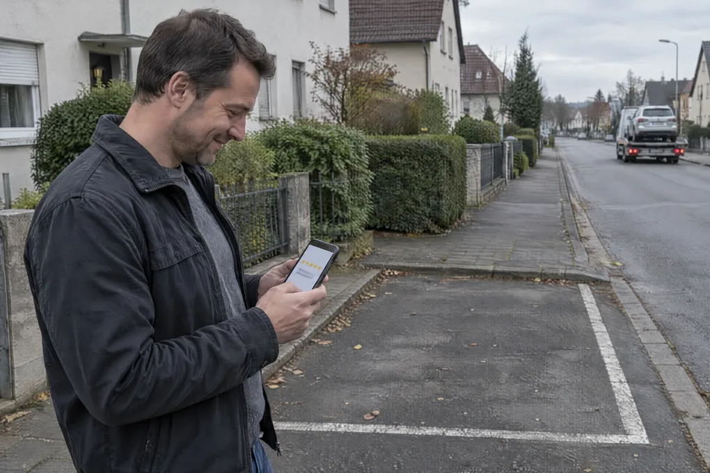 Verkäufer bewertet den Autoankauf mit fünf Sternen, im Hintergrund fährt der Transporter mit dem Auto ab