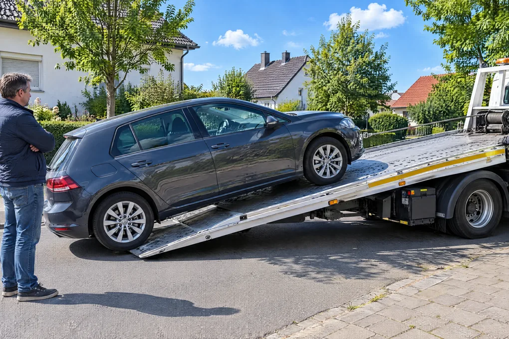 Fahrzeug mit Getriebeschaden wird auf den Abschleppwagen gezogen, der Besitzer schaut zu