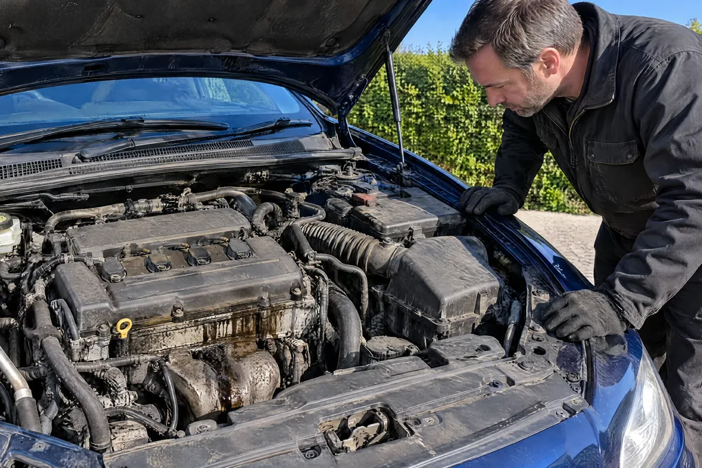 Geöffnete Motorhaube mit verölter Maschine, der Ankäufer begutachtet den Motorschaden