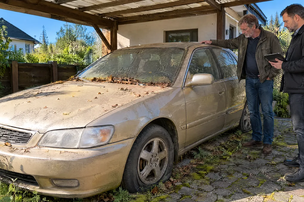 Seit Monaten abgestelltes Auto mit Staub und Laub unter dem Carport, Besitzer und Ankäufer davor
