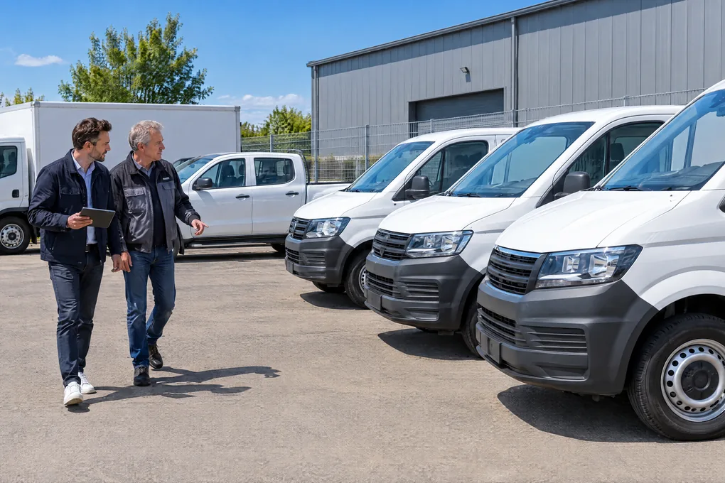 Ankäufer und Firmeninhaber gehen an einer Reihe weißer Transporter im Firmenhof entlang