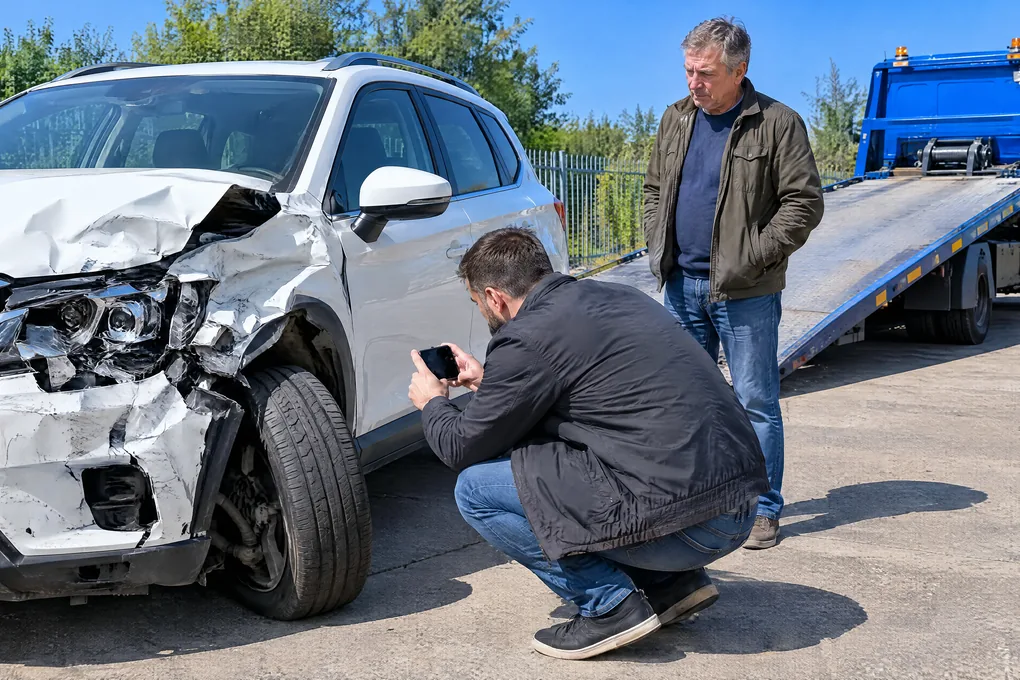 Unfallwagen mit zerstörter Fahrzeugfront, der Ankäufer fotografiert den Schaden, dahinter wartet der Abschleppwagen